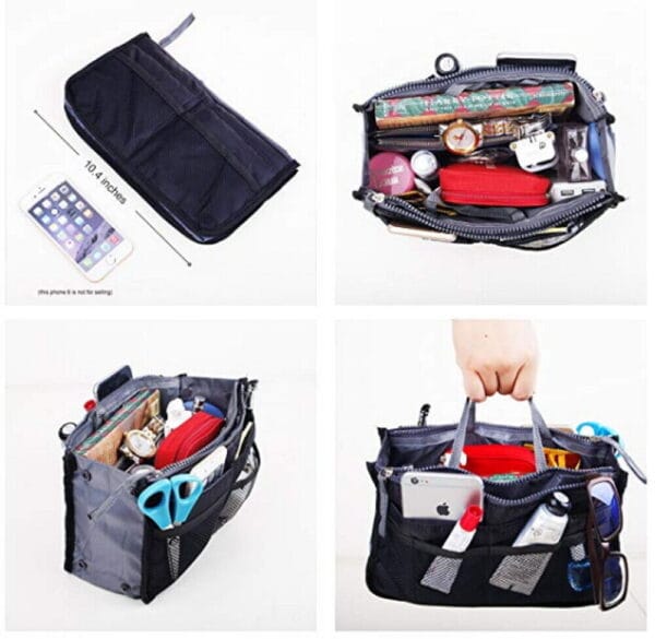 Women Multi-Pocket Travel Handbag Organizer Insert w Zipper Handles Purse Liner 35