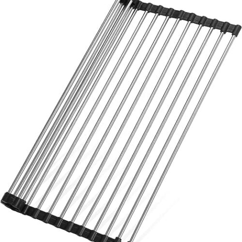 1-14.jpg Roll Up Dish Drying Rack, Over Sink Drying Rack 304 Stainless Steel Foldable Drain Rack for Kitchen Sink Counter Utensils Vegetables and Fruits (17.5''X13.4'')