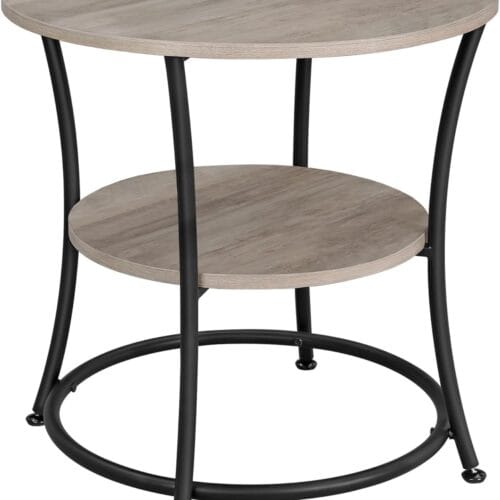 1 VASAGLE Side Table, Round End Table with 2 Shelves for Living Room, Bedroom, Nightstand with Steel Frame for Small Spaces, Outdoor Accent Coffee Table, Greige and Black