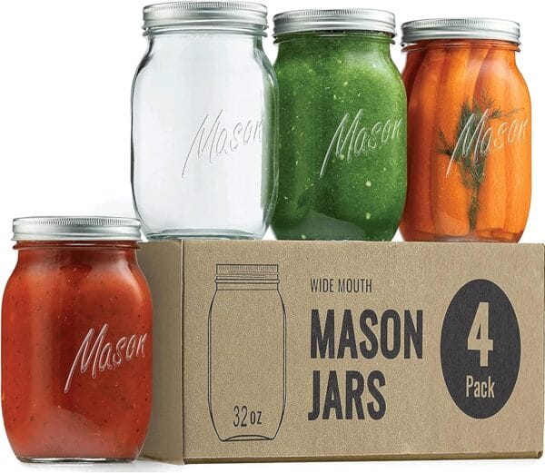 Mason Jars - Food Storage Container - 4-Pack - Airtight Container for Pickling, Canning, Candles, Home Decor, Overnight Oats, Fruit Preserves, Jam or Jelly 1