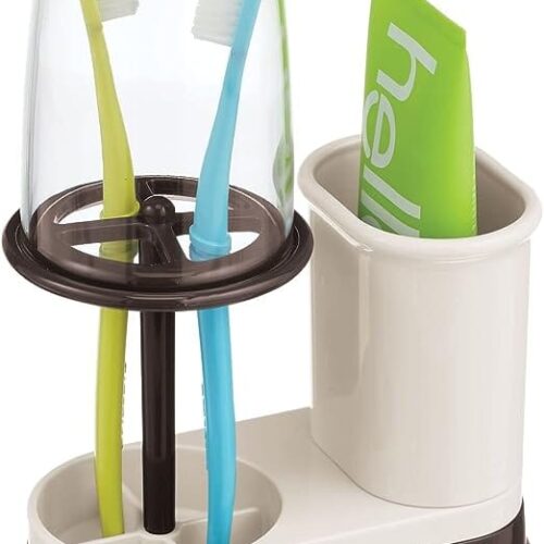 1-20.jpg Plastic Toothpaste and Toothbrush Holder Center with Cup/Cover - Organizer for Bathroom Vanity Countertop - Holds Paste, Floss, Accessories - Hyde Collection - Cream/Bronze