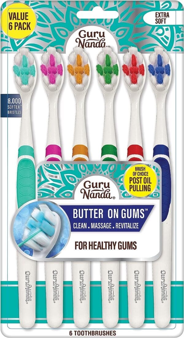 GuruNanda Butter On Gums Toothbrush with 8000+ Softex Bristles - Ultra Soft Toothbrush for Sensitive & Receeding Gums - Ergonomic Rubber Handle & Multi-Directional Bristles for Whiter Teeth - 6 Count 1