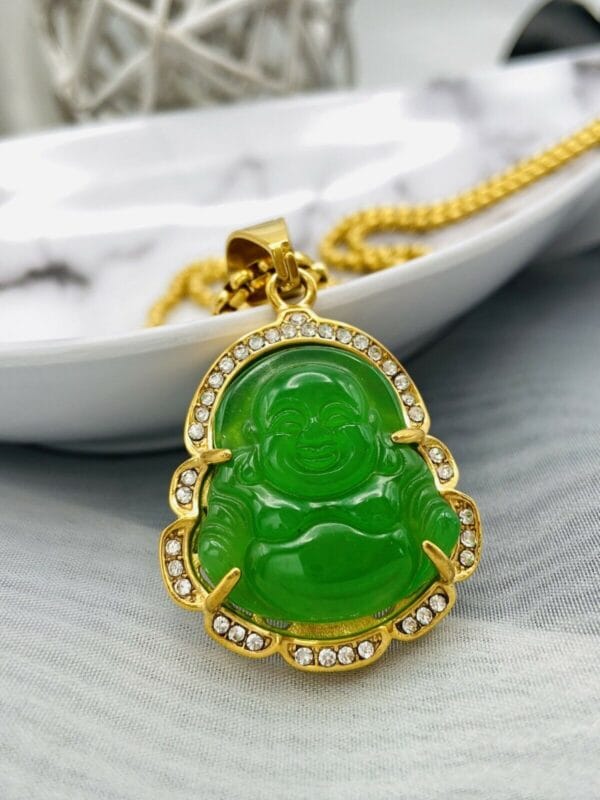 Jade Buddha Pendant Necklace W/ 18K Gold Plated Crystal Charm Hip Hop Chain 25