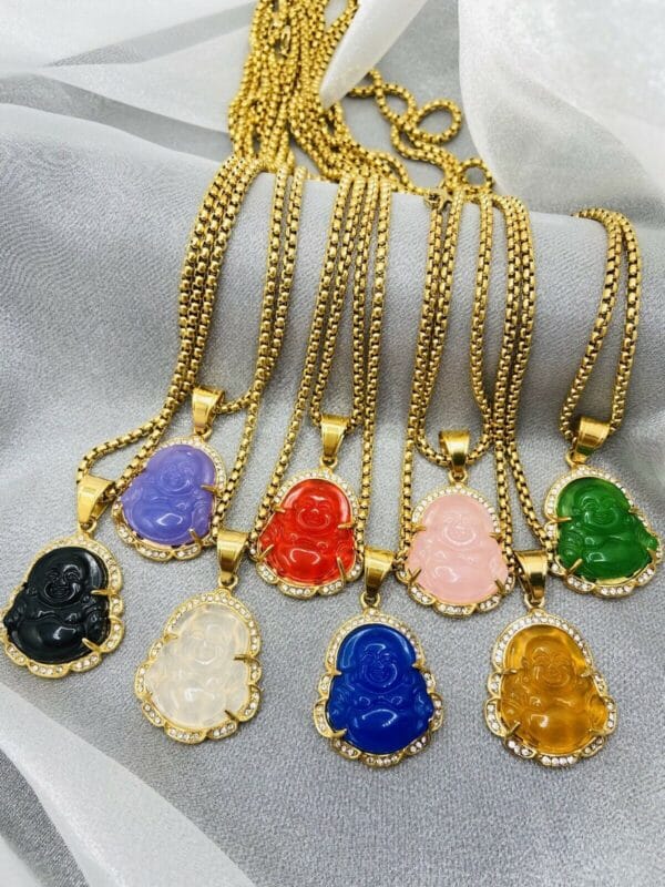 Jade Buddha Pendant Necklace W/ 18K Gold Plated Crystal Charm Hip Hop Chain 23