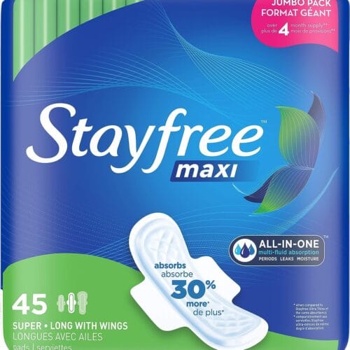 1 Stayfree Maxi Super Long Pads with Wings For Women, Reliable Protection and Absorbency of Feminine Periods, 45 count