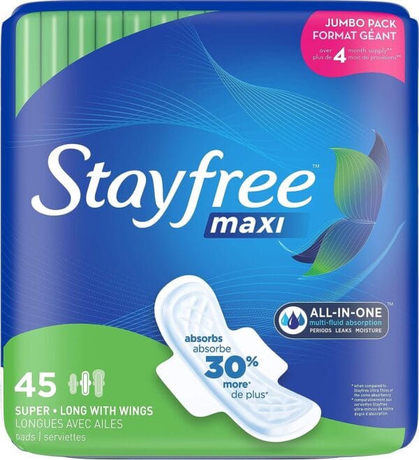Stayfree Maxi Super Long Pads with Wings For Women, Reliable Protection and Absorbency of Feminine Periods, 45 count 1