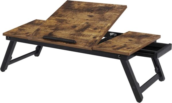 SONGMICS Laptop Desk, Bed Sofa Breakfast Tray, Adjustable Tilt Top, Right-Left Handed, Adjustable Folding Legs, Drawer, Rustic Dark Brown ULLD110B01 1