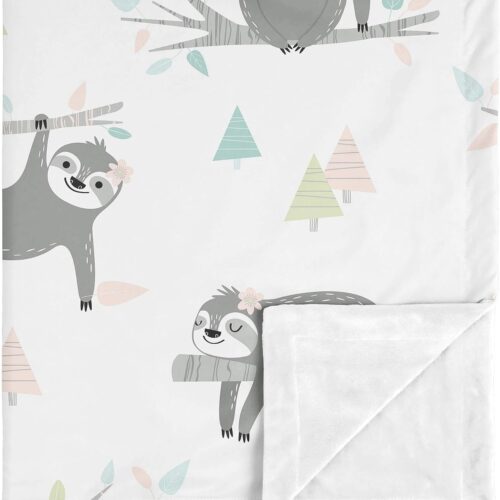 1 Sweet Jojo Designs Pink Sloth Baby Girl Receiving Security Swaddle Blanket for Newborn or Toddler Nursery Car Seat Stroller Soft Minky - Blush Turquoise Grey Green Jungle Leaf Botanical Rainforest