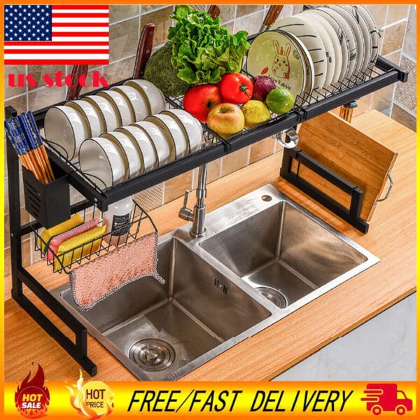 1-32-1.jpg Over Sink Dish Drying Rack 2-Tier Stainless Steel Cutlery Drainer Kitchen Shelf