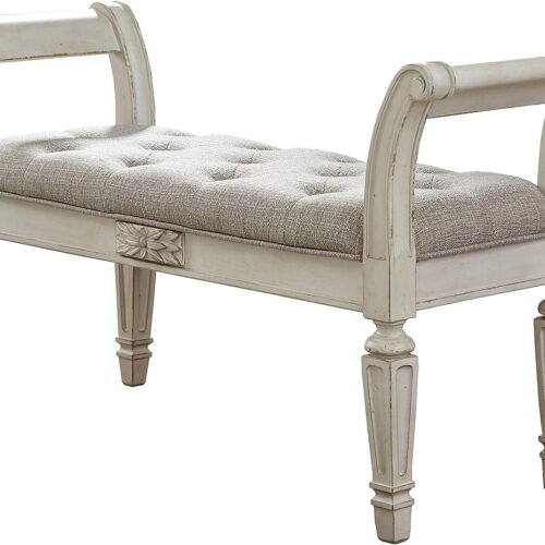 Signature Design by Ashley Realyn French Country Upholstered Tufted Accent Bench, Antique White