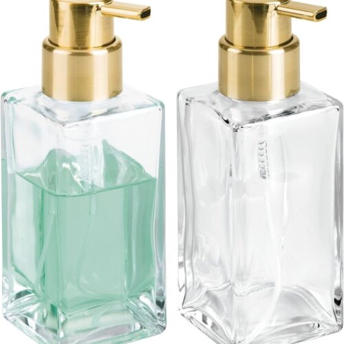 1-70.jpg mDesign Glass Refillable Foaming Hand Soap Dispenser Modern Square Pump Bottle for Bathroom Vanities or Kitchen Sink, Countertops - 2 Pack - Clear/Soft Brass