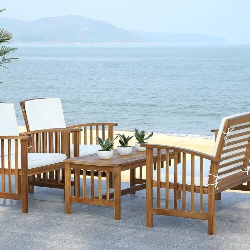 SAFAVIEH Outdoor Collection Rocklin Natural/ Beige 4-Piece Conversation Patio Set with Cushions Visit the Safavieh Store