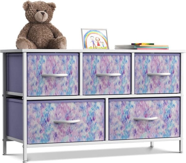 Sorbus Kids Dresser with 5 Drawers - Storage Chest Organizer Unit with Steel Frame, Wood Top, Easy Pull Fabric Bins - Long Wide TV Stand for Bedroom Furniture, Hallway, Closet & Office Organization 1