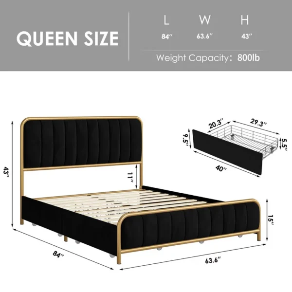 Homfa Queen Size Bed Frame with 4 Drawers, Round Metal Tube Platform Bed with Tufted Upholstered Headboard, Gold and Black 3