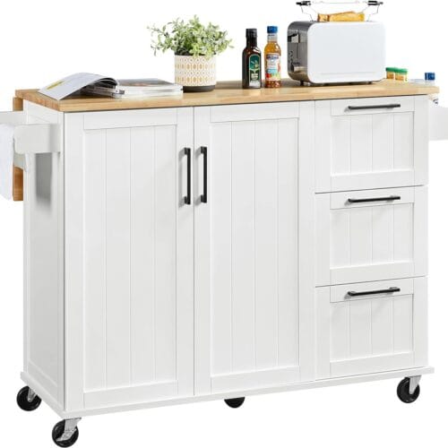 Topeakmart Mobile Kitchen Island with Foldable Countertop, Kitchen Cart with Storage Cabinet and 3 Drawers and Spice Rack for Dining Room, White