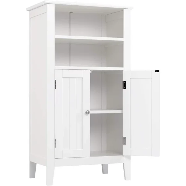 Homfa 2 Tier Shelves Bathroom Storage Cabinet, Wood Storage Floor Cabinet with 2 Doors, White 3
