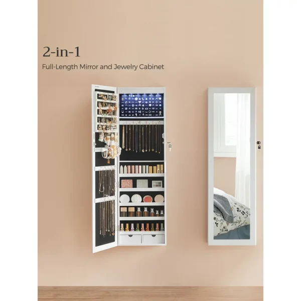 SONGMICS 6 LEDs Mirror Jewelry Cabinet 47.2-Inch Tall Lockable Wall/Door Mounted Jewelry Armoire Makeup Perfume Holder Organizer with Mirror Makeup Perfume 2 Drawers White 3