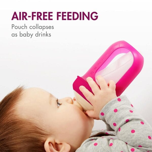 Boon Nursh Stage 2 Medium Flow Reusable Silicone Baby Bottles with Collapsible Silicone Pouch Design - Everyday Baby Essentials - Pink - 8 Ounce - 3 Count 3