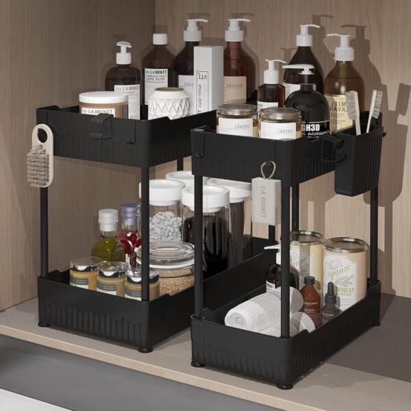Sevenblue 2 Pack Under Sink Organizer, Under Bathroom Cabinet Organizer with Hooks Hanging Cup,Multi-Purpose Storage Shelf for Kitchen Bathroom 3