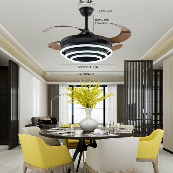 42" Retractable Chandelier Ceiling Fan Lamp Light 3-Color LED + Remote Control 3