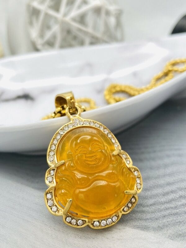 Jade Buddha Pendant Necklace W/ 18K Gold Plated Crystal Charm Hip Hop Chain 26