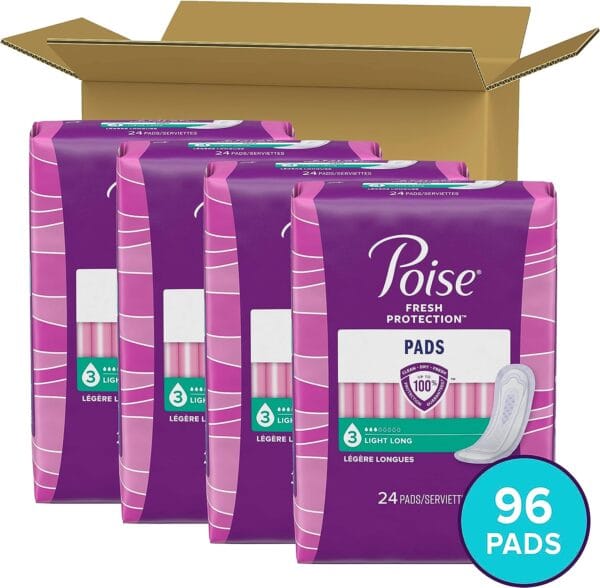 Poise Incontinence Pads & Postpartum Incontinence Pads, 3 Drop Light Absorbency, Long Length, 96 Count (4 Packs of 24) 3