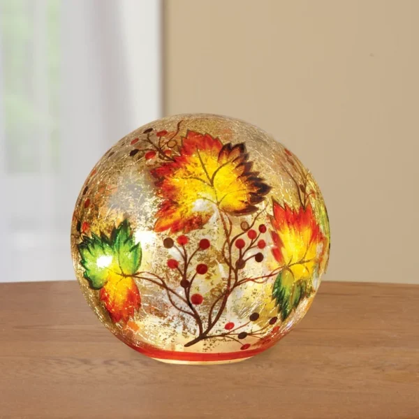 Collections Etc Lighted Fall Leaf Glass Crackle ball 3