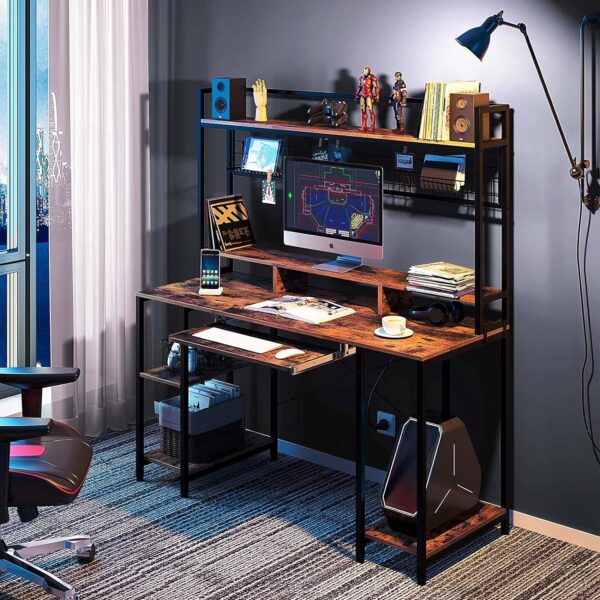 Rolanstar Computer Desk with Hutch and Keyboard Tray, 55" Office Desk with Storage Shelves, Studying Writing Desk Workstation for Home Office, Rustic Brown 3