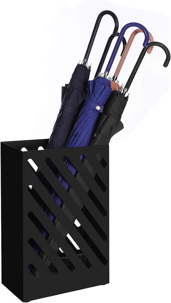 SONGMICS Umbrella Stand, Rectangular Umbrella Holder with Water Tray, Hooks, Hollow-Out Design, Black ULUC03BK 3