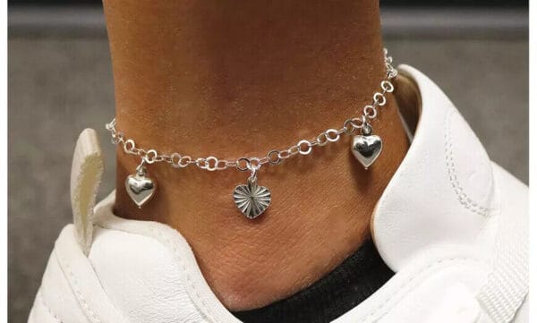 Italian 925 Solid Sterling Silver Puffed Heart Charm Anklet 10" For Women 3