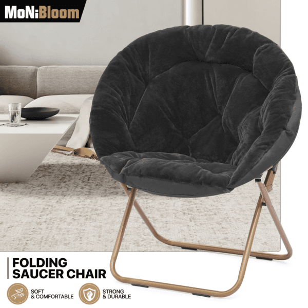 Foldable Comfy Saucer Chair Modern Faux Fur Cozy Moon Lounge Chair w/Metal Frame 23