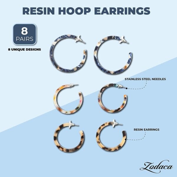 Resin Tortoise Shell Hoop Earrings for Women (8 Pairs) 4