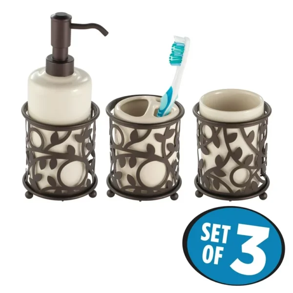 mDesign Ceramic/Metal Bathroom Soap, Toothbrush, Cup, Set of 3 3