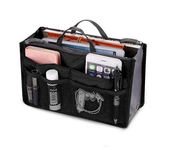 Women Multi-Pocket Travel Handbag Organizer Insert w Zipper Handles Purse Liner 26