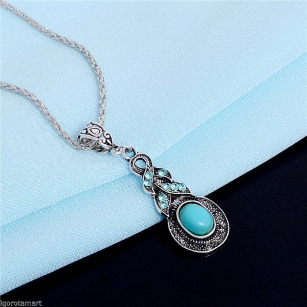 New Tibetan Silver Blue Turquoise Chain Crystal Pendant Necklace Fashion Jewelry 3