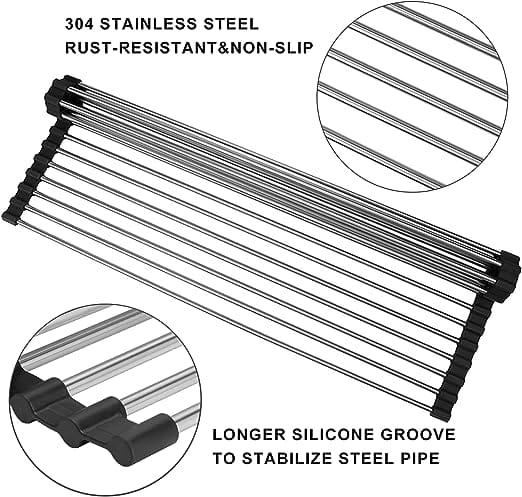 Roll Up Dish Drying Rack, Over Sink Drying Rack 304 Stainless Steel Foldable Drain Rack for Kitchen Sink Counter Utensils Vegetables and Fruits (17.5''X13.4'') 3