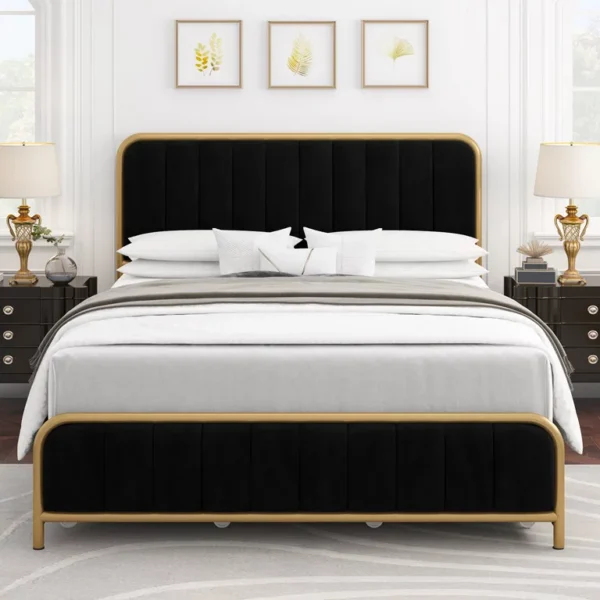 Homfa Queen Size Bed Frame with 4 Drawers, Round Metal Tube Platform Bed with Tufted Upholstered Headboard, Gold and Black 4