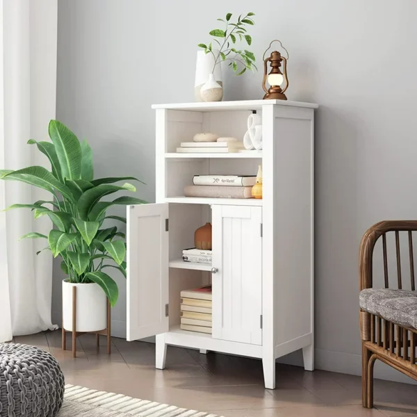 Homfa 2 Tier Shelves Bathroom Storage Cabinet, Wood Storage Floor Cabinet with 2 Doors, White 4