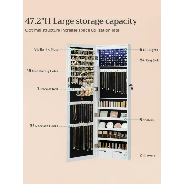 SONGMICS 6 LEDs Mirror Jewelry Cabinet 47.2-Inch Tall Lockable Wall/Door Mounted Jewelry Armoire Makeup Perfume Holder Organizer with Mirror Makeup Perfume 2 Drawers White 4