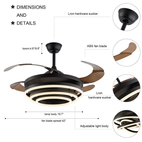 42" Retractable Chandelier Ceiling Fan Lamp Light 3-Color LED + Remote Control 4