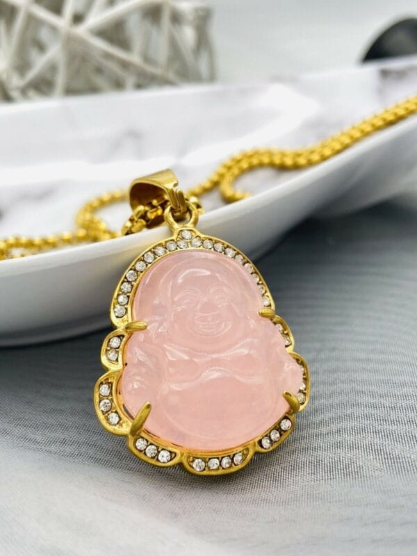 Jade Buddha Pendant Necklace W/ 18K Gold Plated Crystal Charm Hip Hop Chain 27