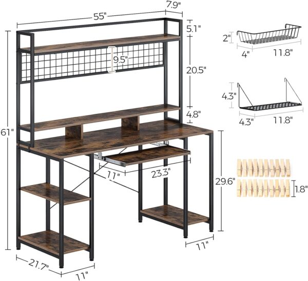 Rolanstar Computer Desk with Hutch and Keyboard Tray, 55" Office Desk with Storage Shelves, Studying Writing Desk Workstation for Home Office, Rustic Brown 4
