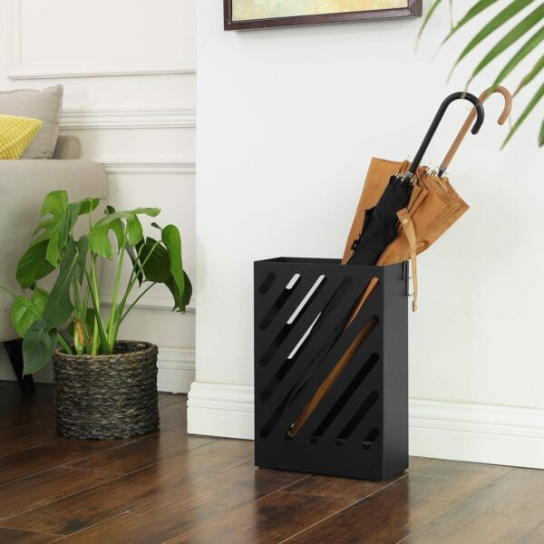 SONGMICS Umbrella Stand, Rectangular Umbrella Holder with Water Tray, Hooks, Hollow-Out Design, Black ULUC03BK 4