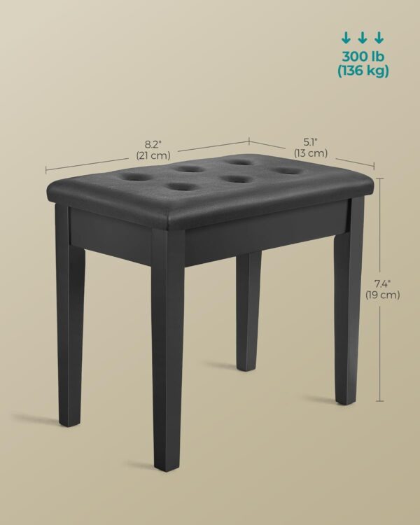 SONGMICS Piano Bench with Padded Cushion and Storage Compartment for Music Books, Vanity Stool, Tufted Wooden Piano Seat, 13.8 x 21.7 x 19.3 Inches, Black ULPB55H 4