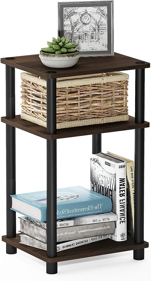 Furinno Just 3-Tier Turn-N-Tube End Table / Side Table / Night Stand / Bedside Table with Plastic Poles, 1-Pack, Columbia Walnut/Black 3