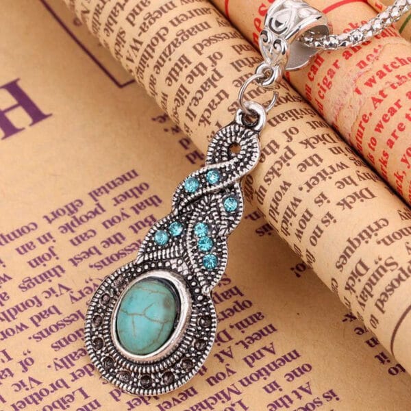 New Tibetan Silver Blue Turquoise Chain Crystal Pendant Necklace Fashion Jewelry 4