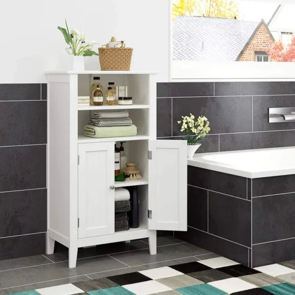 Homfa 2 Tier Shelves Bathroom Storage Cabinet, Wood Storage Floor Cabinet with 2 Doors, White 5