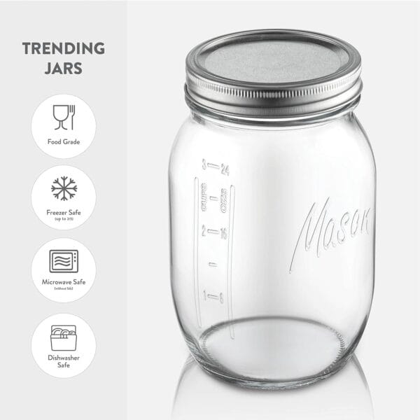 Mason Jars - Food Storage Container - 4-Pack - Airtight Container for Pickling, Canning, Candles, Home Decor, Overnight Oats, Fruit Preserves, Jam or Jelly 5