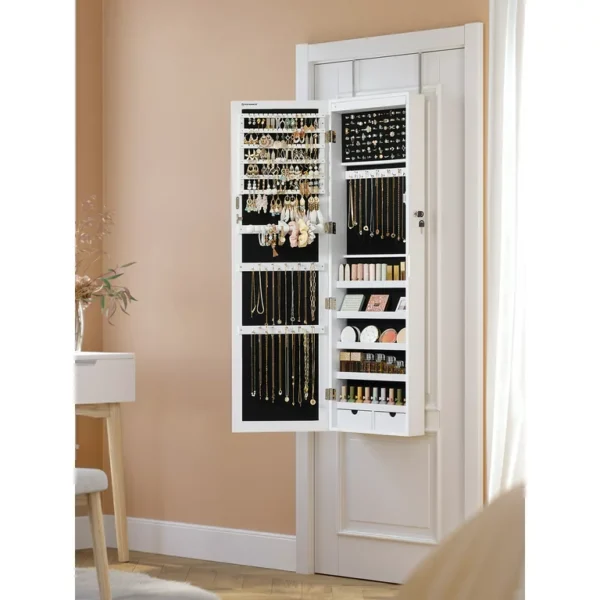 SONGMICS 6 LEDs Mirror Jewelry Cabinet 47.2-Inch Tall Lockable Wall/Door Mounted Jewelry Armoire Makeup Perfume Holder Organizer with Mirror Makeup Perfume 2 Drawers White 5