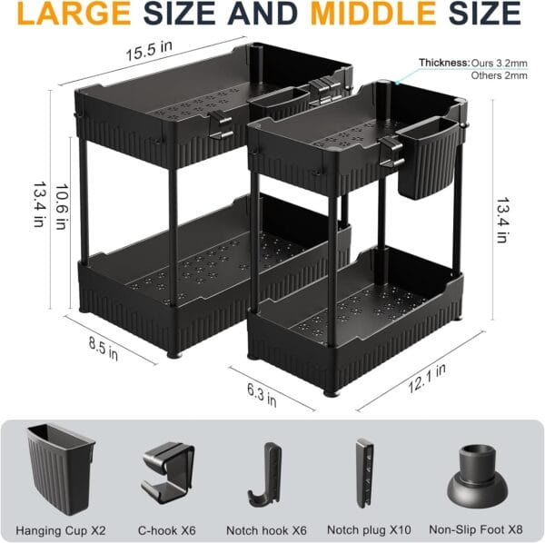 Sevenblue 2 Pack Under Sink Organizer, Under Bathroom Cabinet Organizer with Hooks Hanging Cup,Multi-Purpose Storage Shelf for Kitchen Bathroom 5